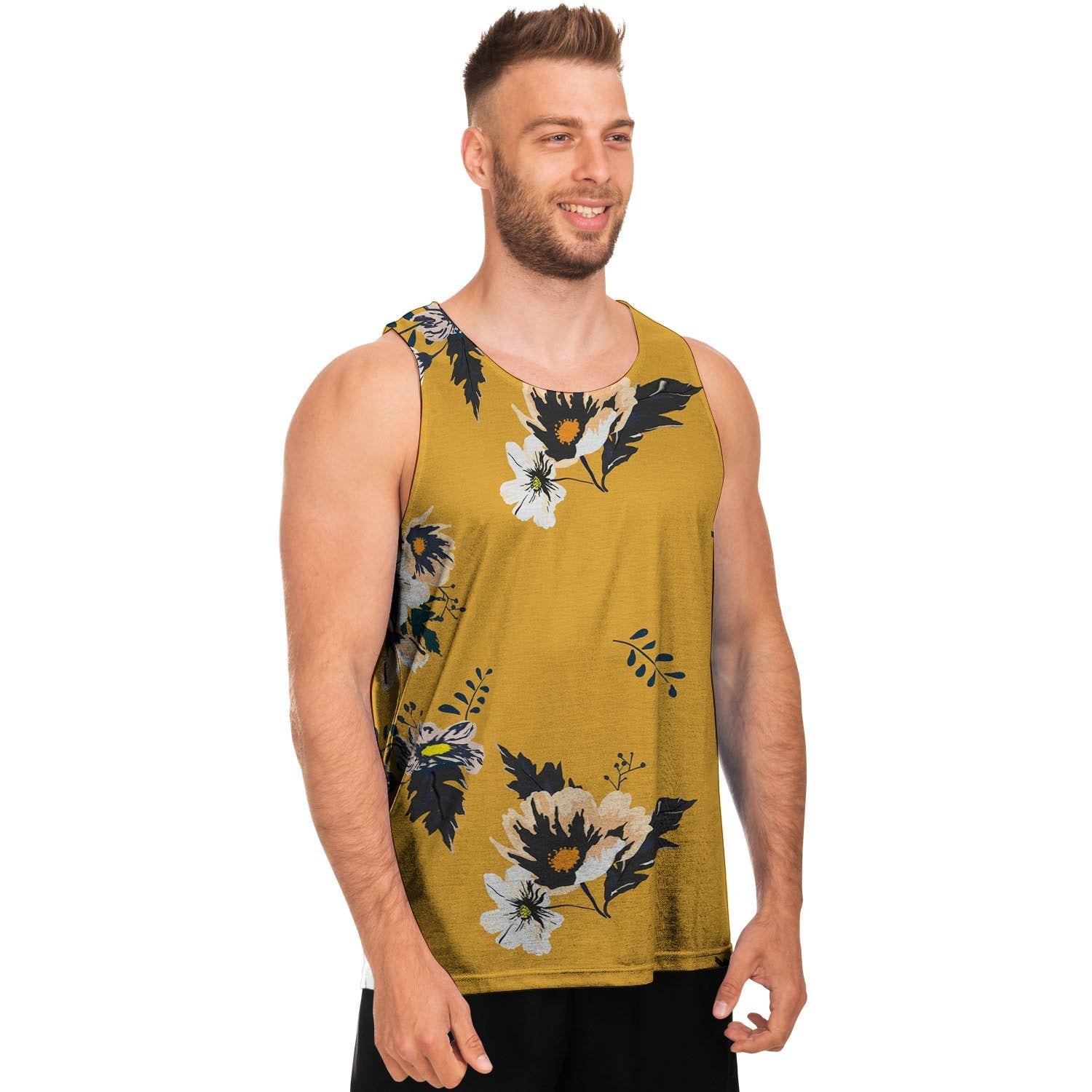 Yellow Flower Print Men's Tank Tops-grizzshop