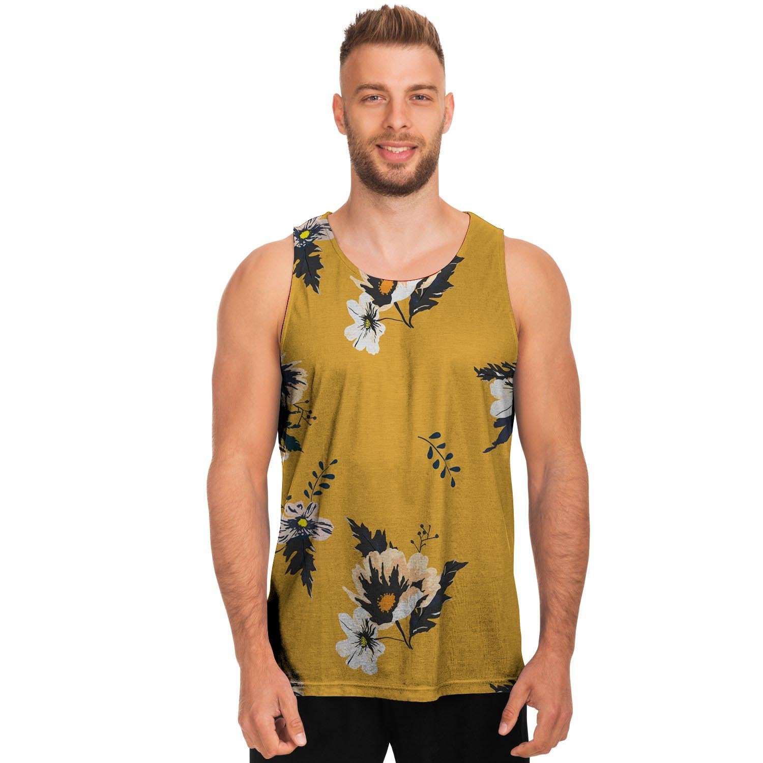 Yellow Flower Print Men's Tank Tops-grizzshop