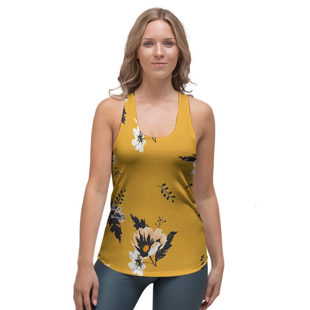 Yellow Flower Print Women's Racerback Tank Top-grizzshop