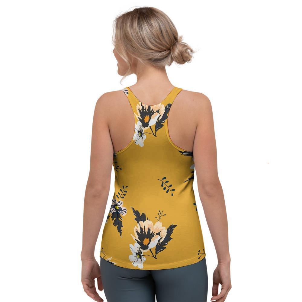 Yellow Flower Print Women's Racerback Tank Top-grizzshop