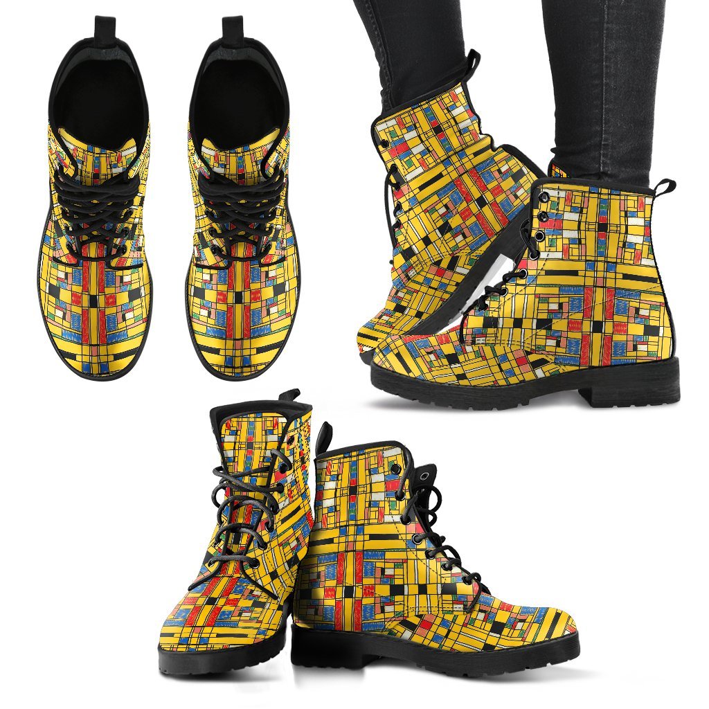 Yellow Mondrian Pattern Print Men Women Leather Boots-grizzshop