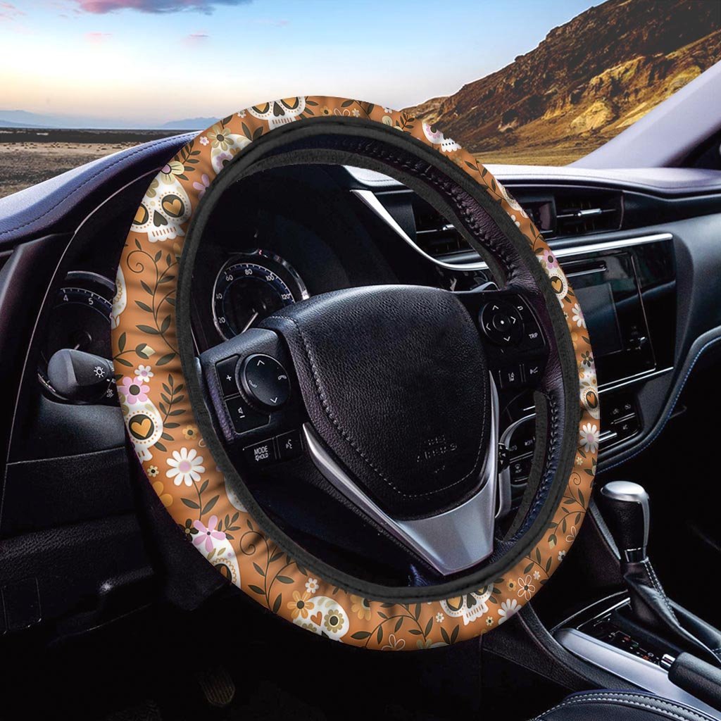 Yellow Sugar Skull Steering Wheel Cover-grizzshop