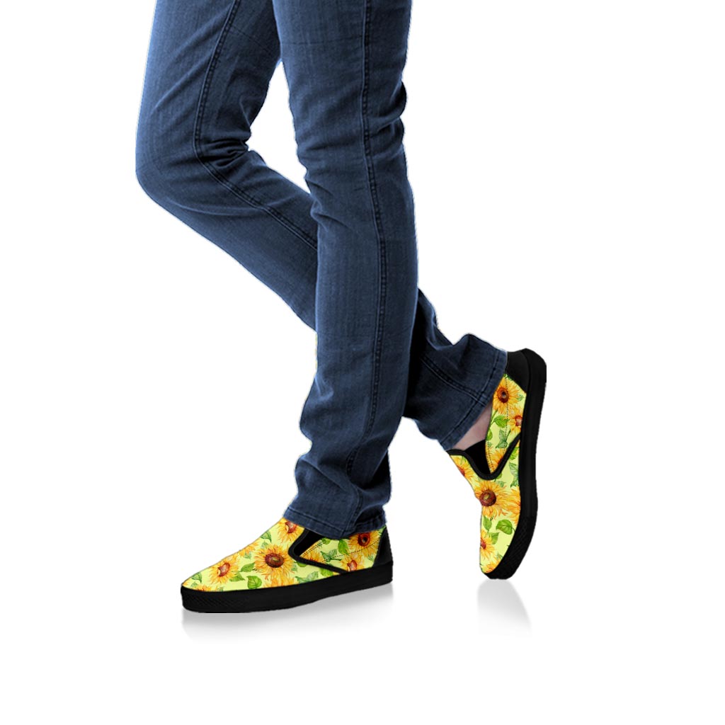 Yellow Sunflower Print Men's Slip On Sneakers-grizzshop