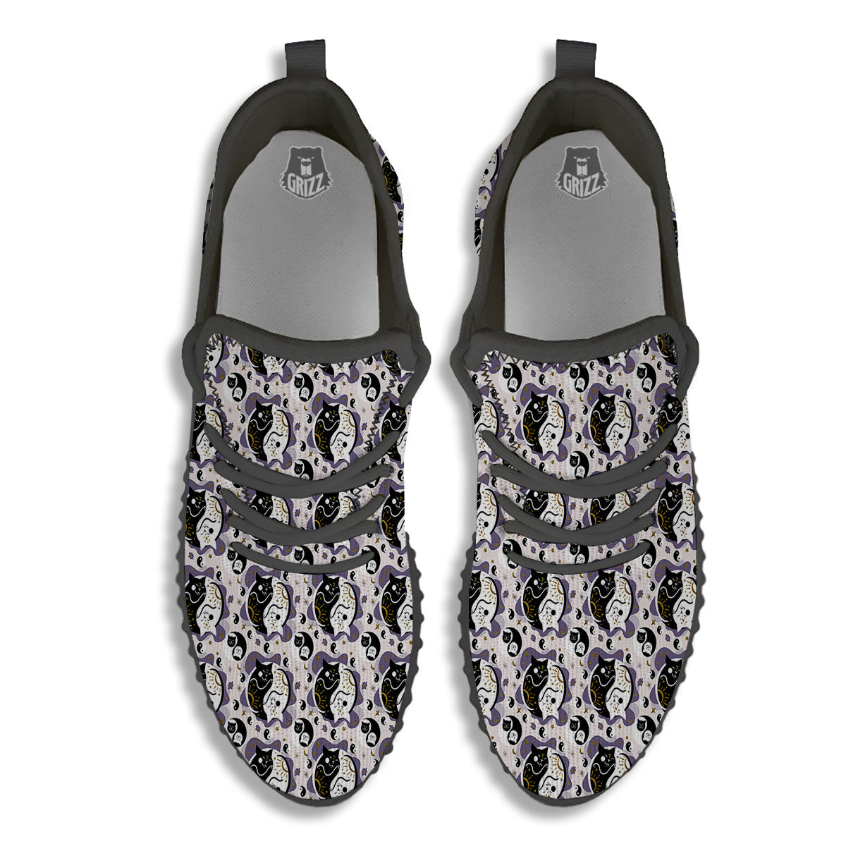Yin Yang Black And White Cat Sleep Print Pattern Black Walking Shoes-grizzshop