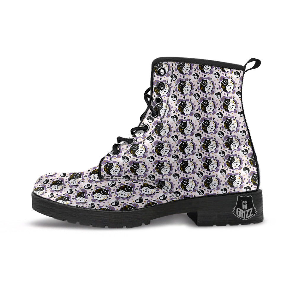 Yin Yang Black And White Cat Sleep Print Pattern Leather Boots-grizzshop