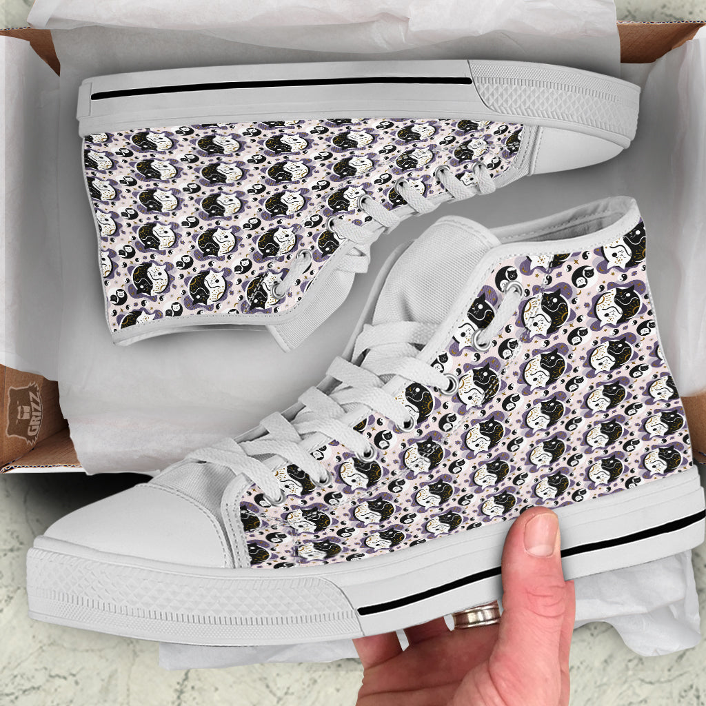 Yin Yang Black And White Cat Sleep Print Pattern White High Top Shoes-grizzshop