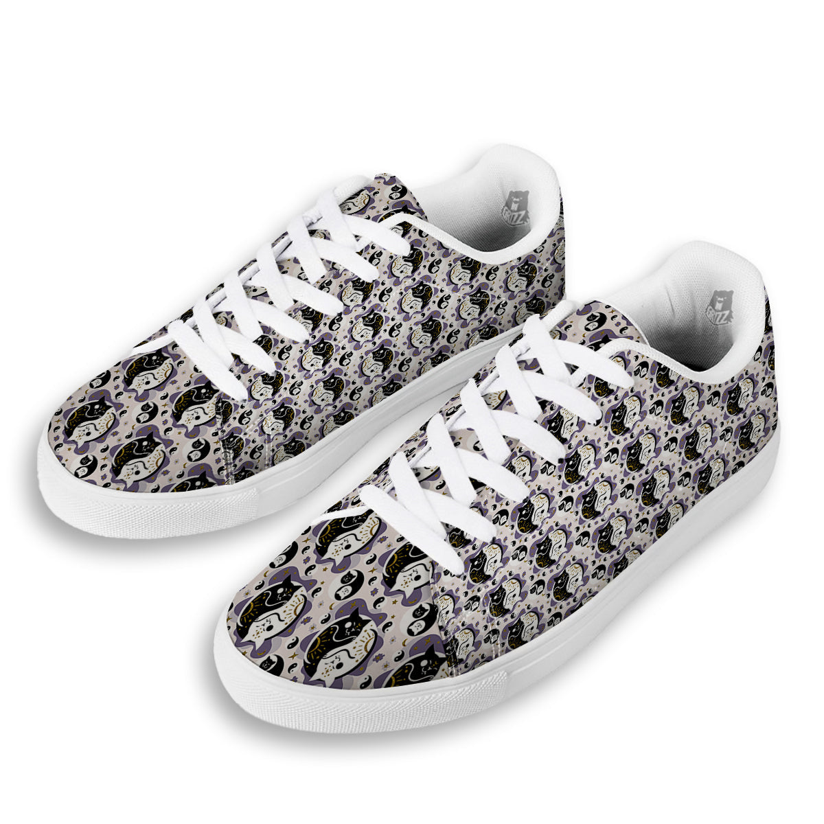 Yin Yang Black And White Cat Sleep Print Pattern White Low Top Sneakers-grizzshop