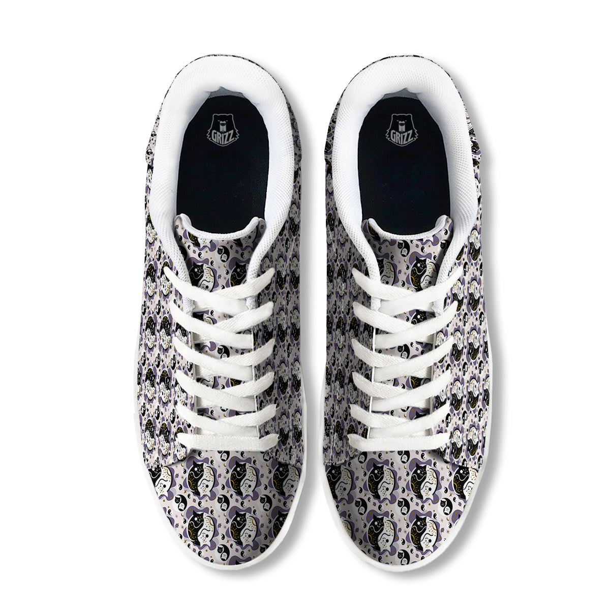 Yin Yang Black And White Cat Sleep Print Pattern White Low Top Sneakers-grizzshop