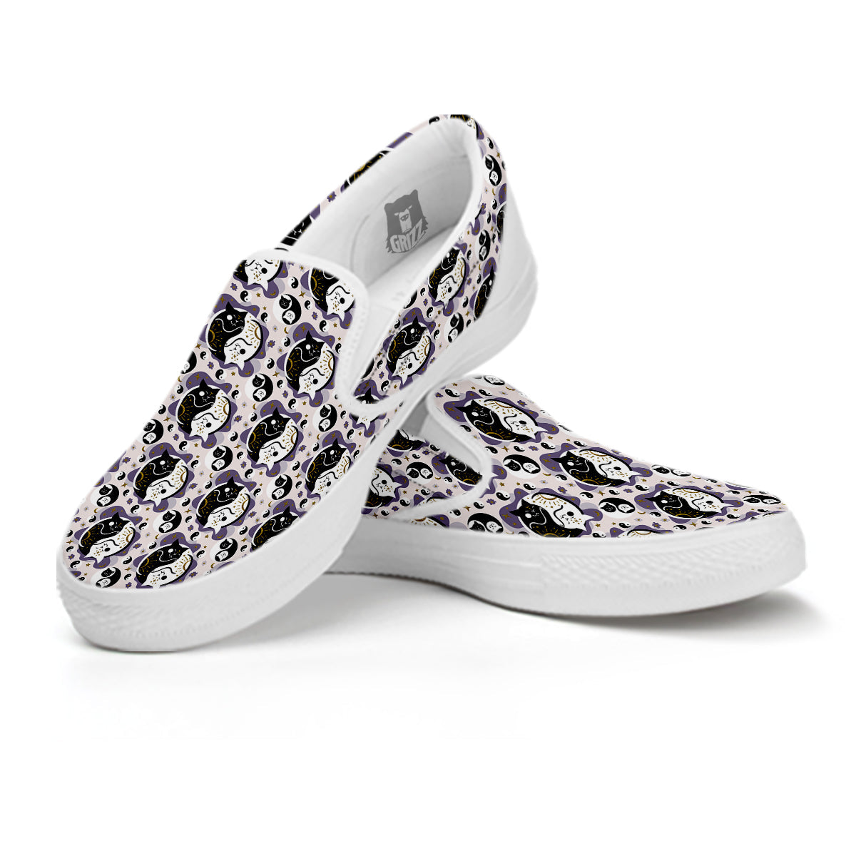 Yin Yang Black And White Cat Sleep Print Pattern White Slip On Shoes-grizzshop