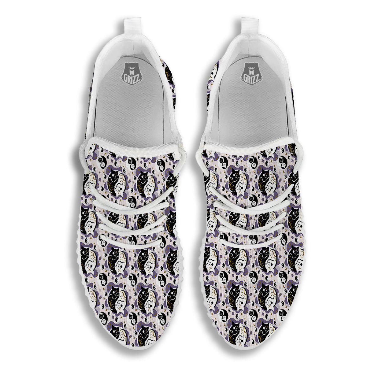 Yin Yang Black And White Cat Sleep Print Pattern White Walking Shoes-grizzshop