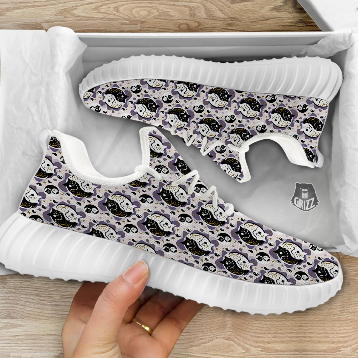 Yin Yang Black And White Cat Sleep Print Pattern White Walking Shoes-grizzshop