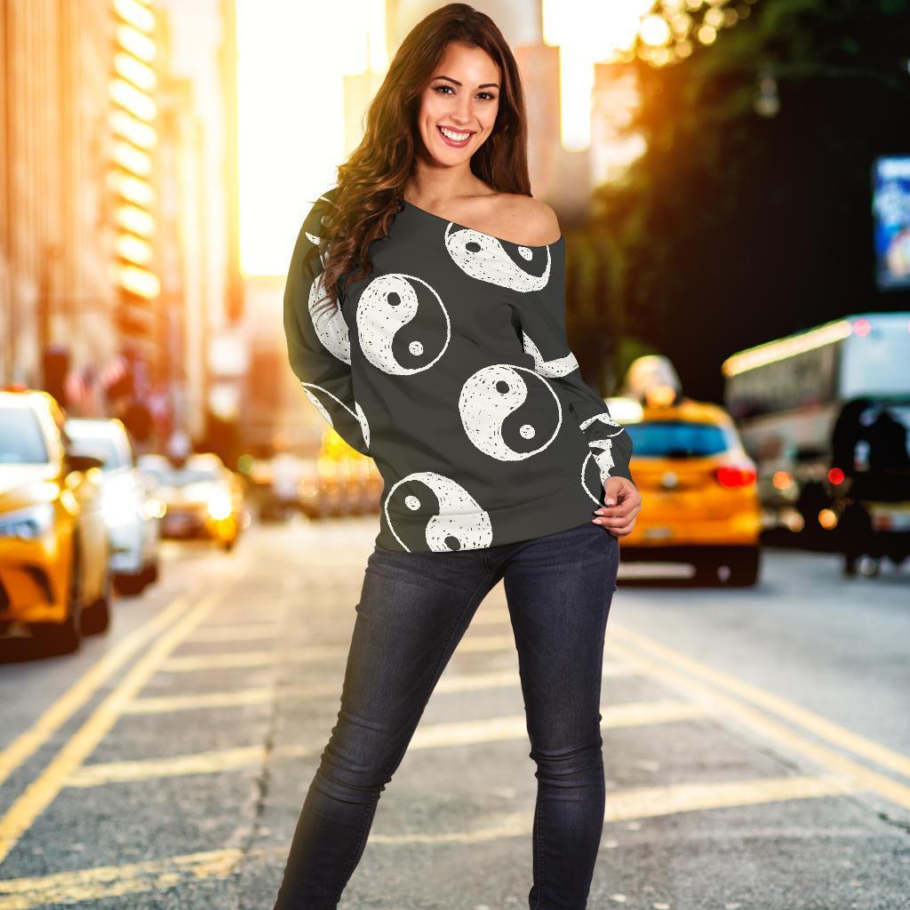 Yin Yang Black Pattern Print Women Off Shoulder Sweatshirt-grizzshop