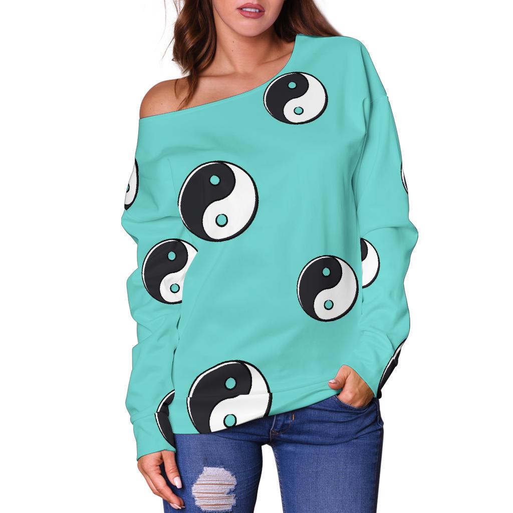 Yin Yang Blue Pattern Print Women Off Shoulder Sweatshirt-grizzshop