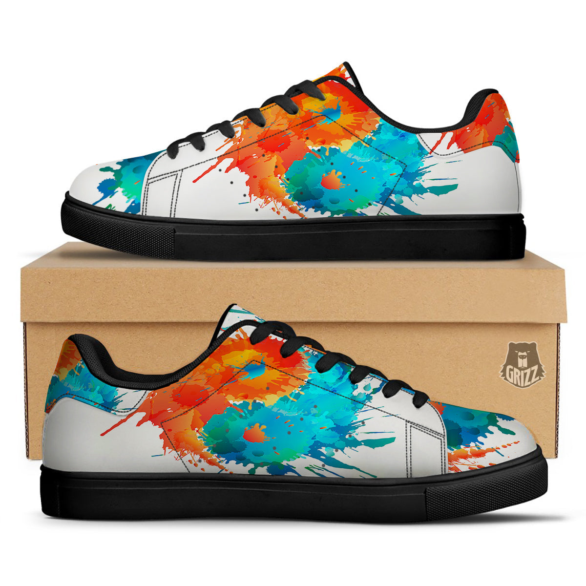 Yin Yang Colorful Splash Print Black Low Top Sneakers-grizzshop