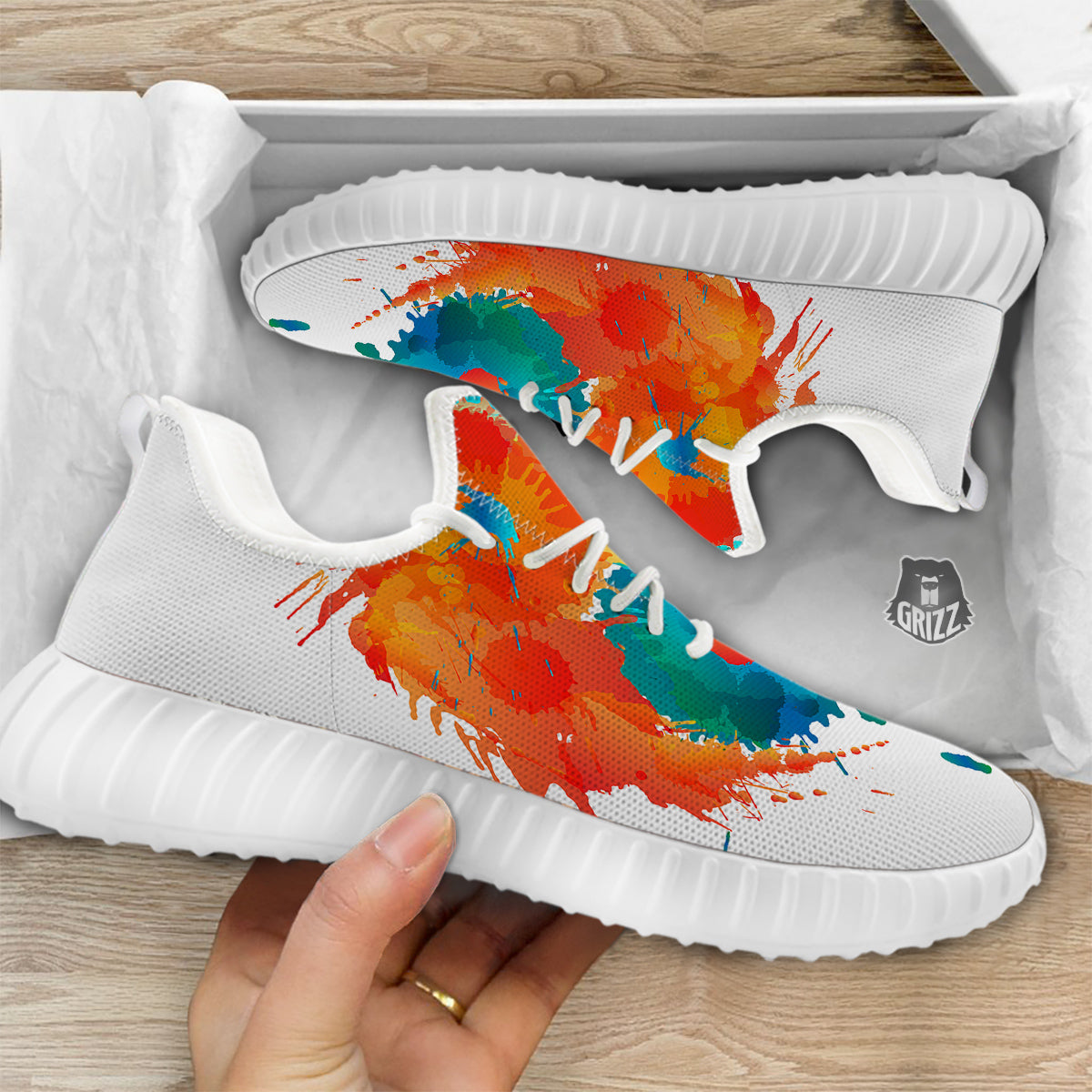 Yin Yang Colorful Splash Print White Walking Shoes-grizzshop