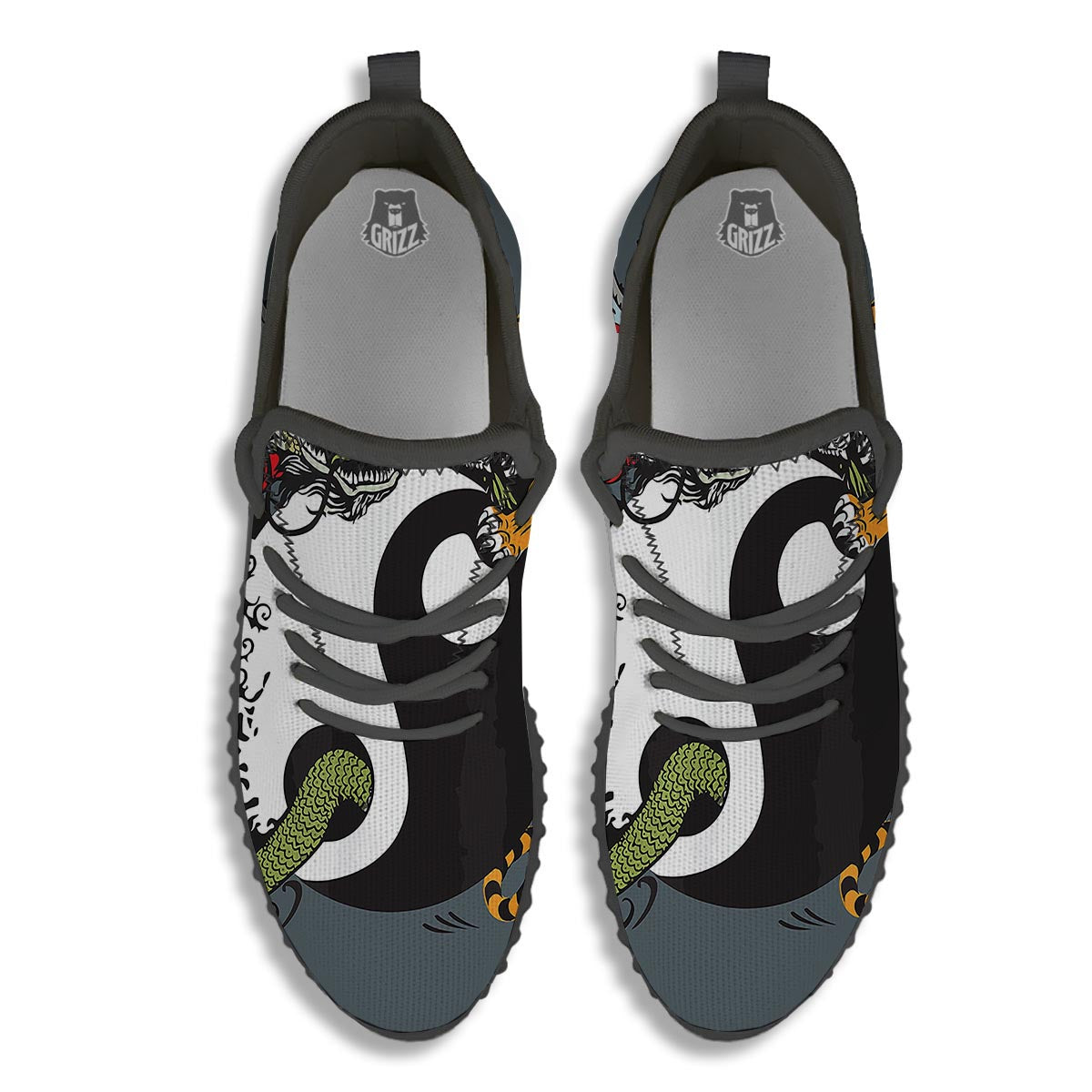 Yin Yang Dragon And Tiger Print Black Walking Shoes-grizzshop