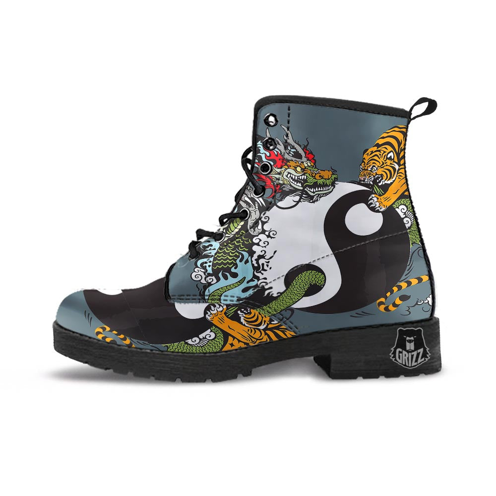 Yin Yang Dragon And Tiger Print Leather Boots-grizzshop