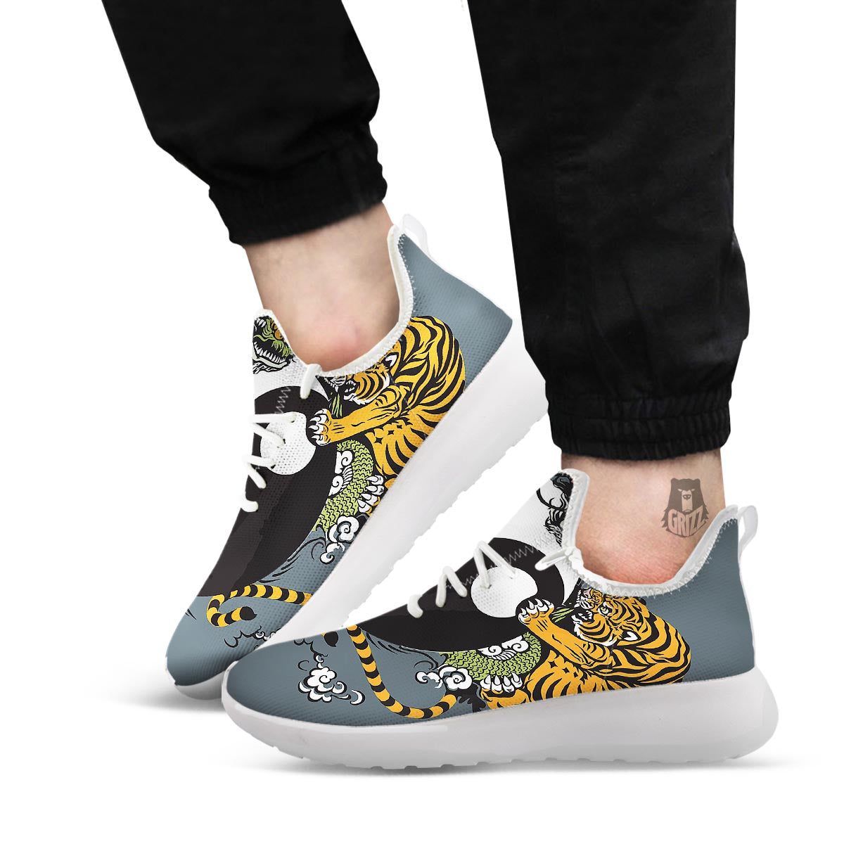 Yin Yang Dragon And Tiger Print White Athletic Shoes-grizzshop