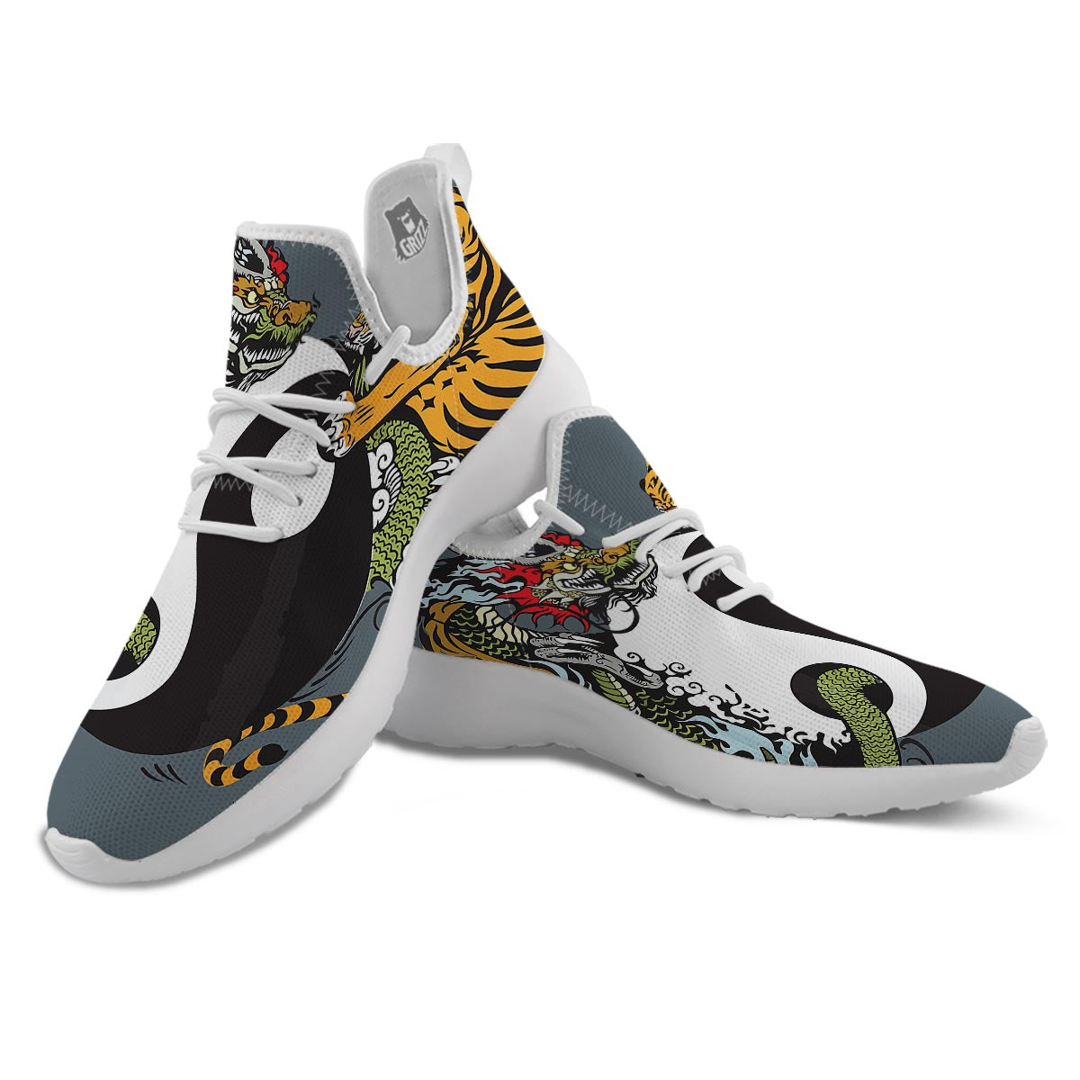 Yin Yang Dragon And Tiger Print White Athletic Shoes-grizzshop