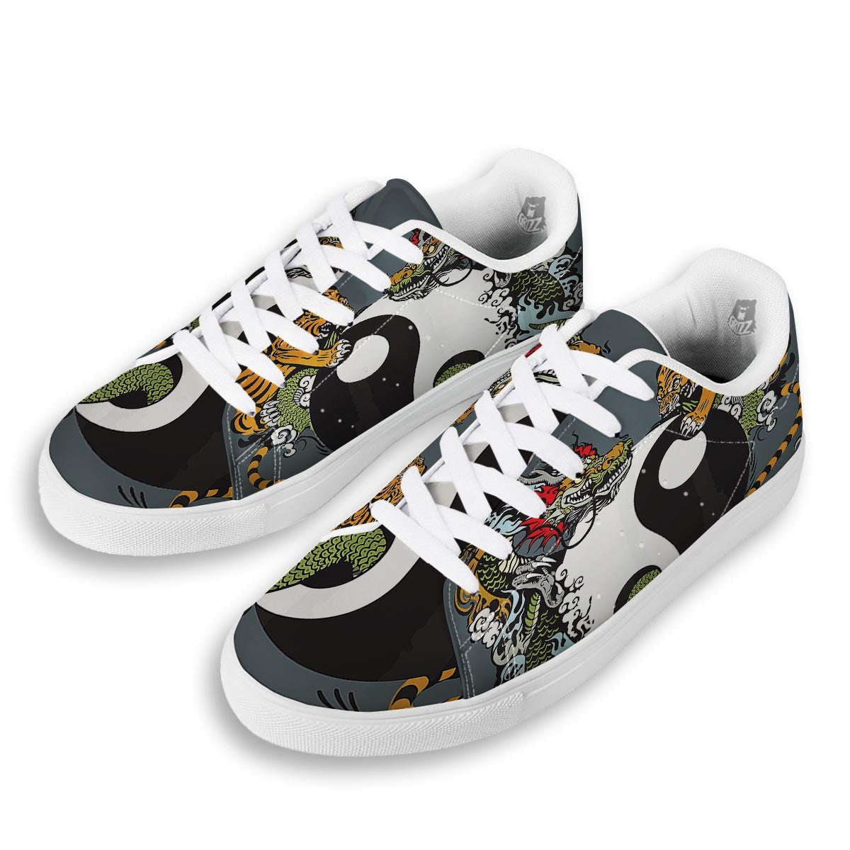 Yin Yang Dragon And Tiger Print White Low Top Sneakers-grizzshop