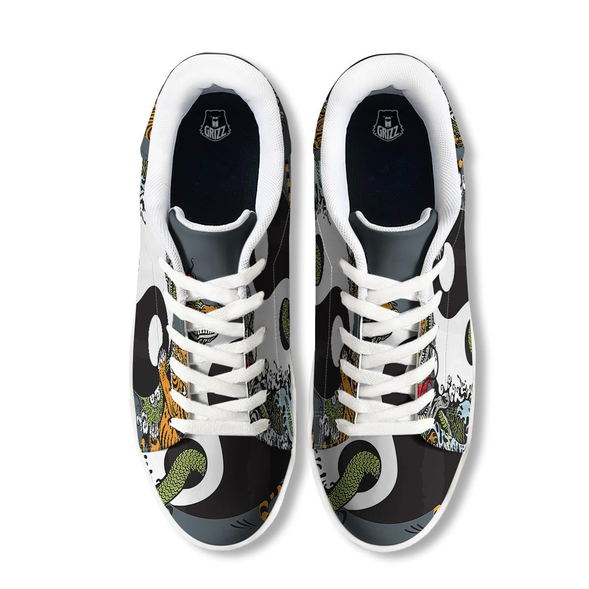 Yin Yang Dragon And Tiger Print White Low Top Sneakers-grizzshop