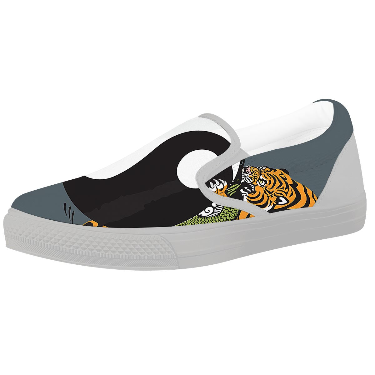 Yin Yang Dragon And Tiger Print White Slip On Shoes-grizzshop