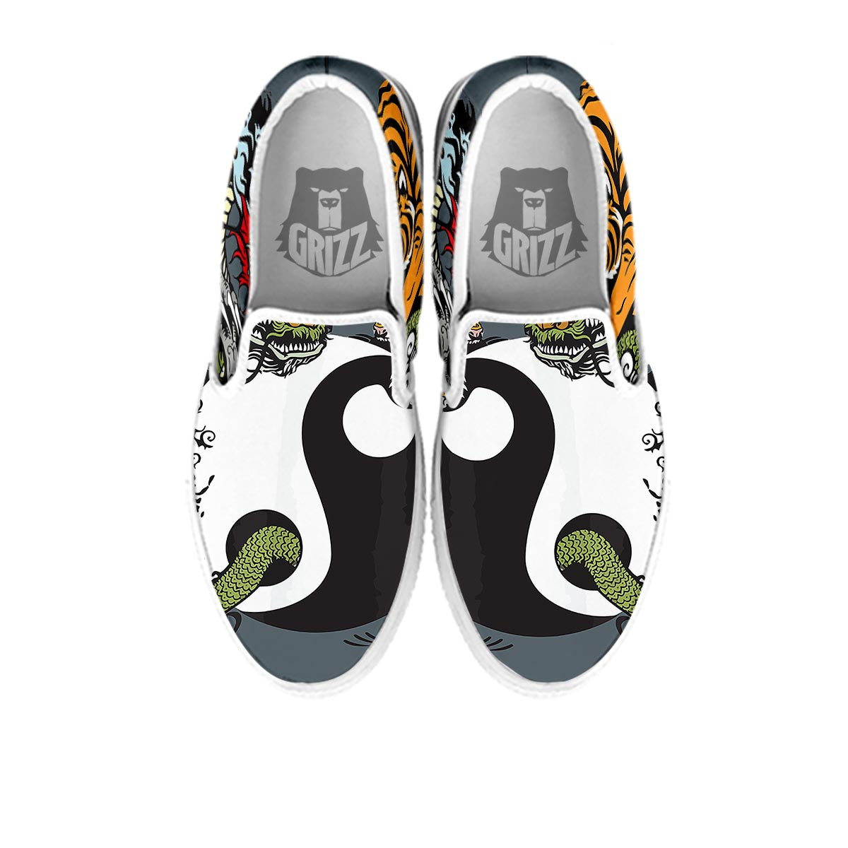 Yin Yang Dragon And Tiger Print White Slip On Shoes-grizzshop