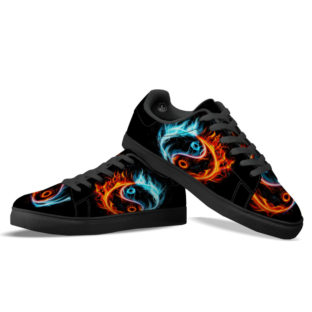 Yin Yang Flaming Print Black Low Top Sneakers-grizzshop