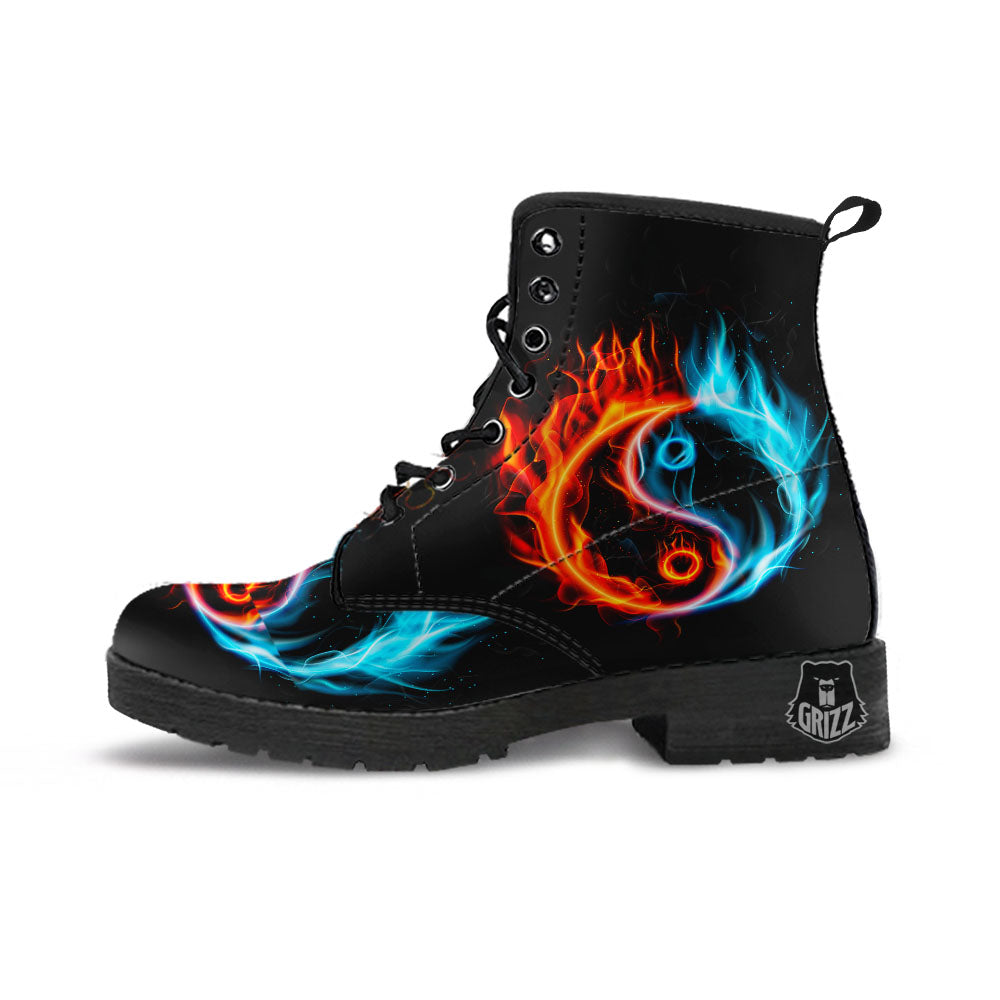 Yin Yang Flaming Print Leather Boots-grizzshop