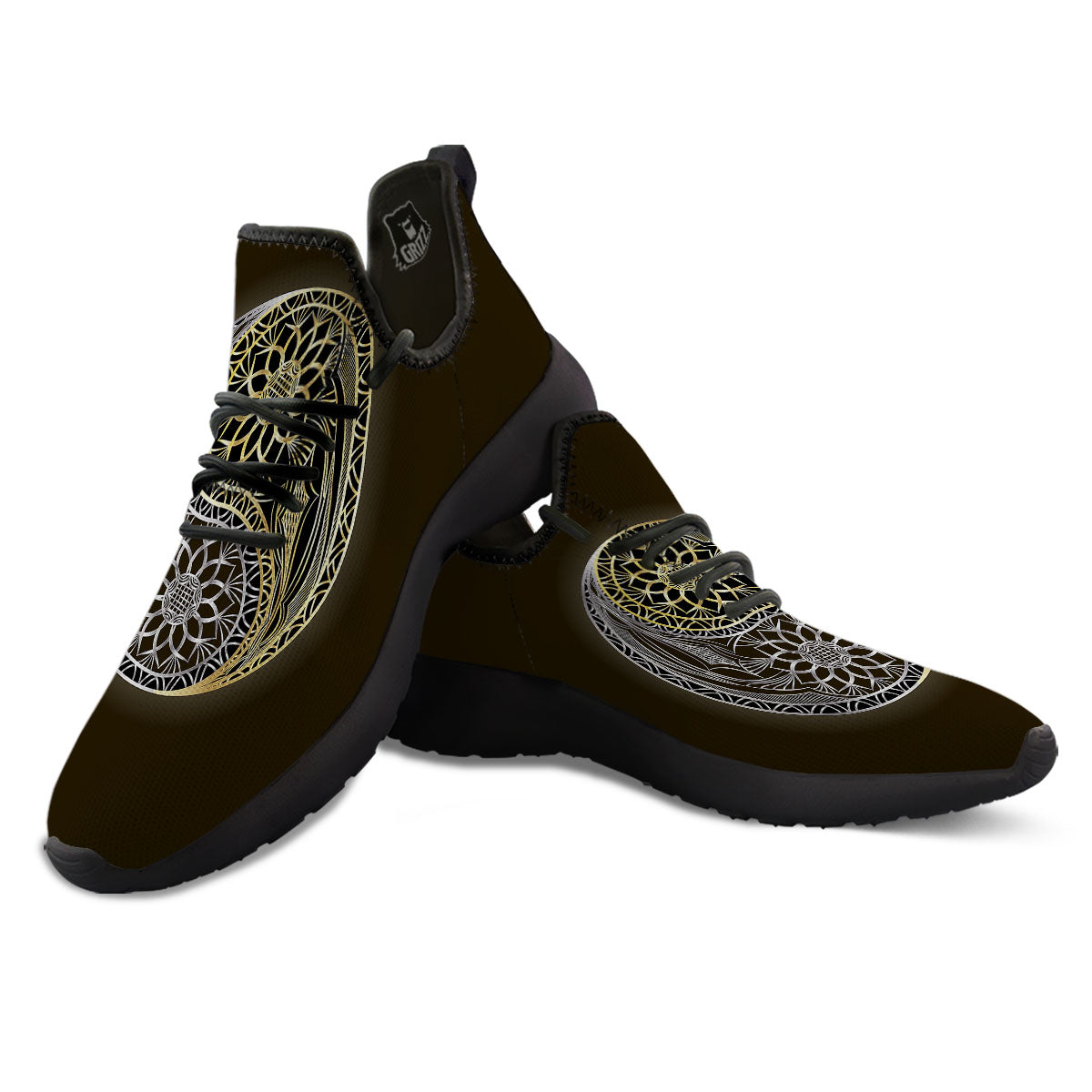 Yin Yang Flower Grey And Gold Print Black Athletic Shoes-grizzshop