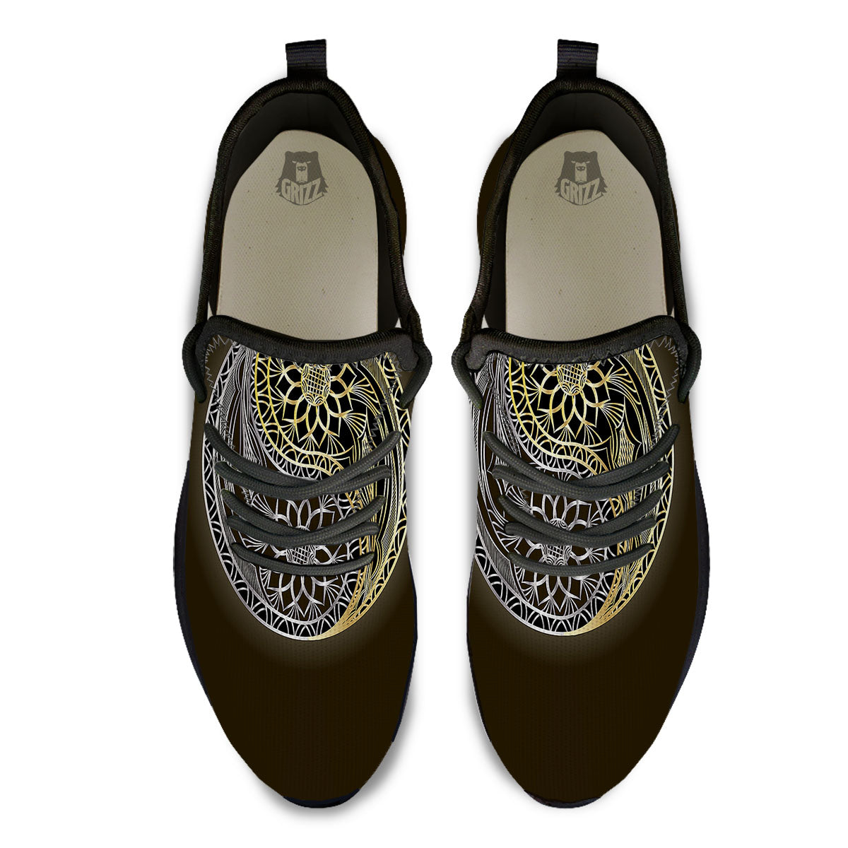 Yin Yang Flower Grey And Gold Print Black Athletic Shoes-grizzshop