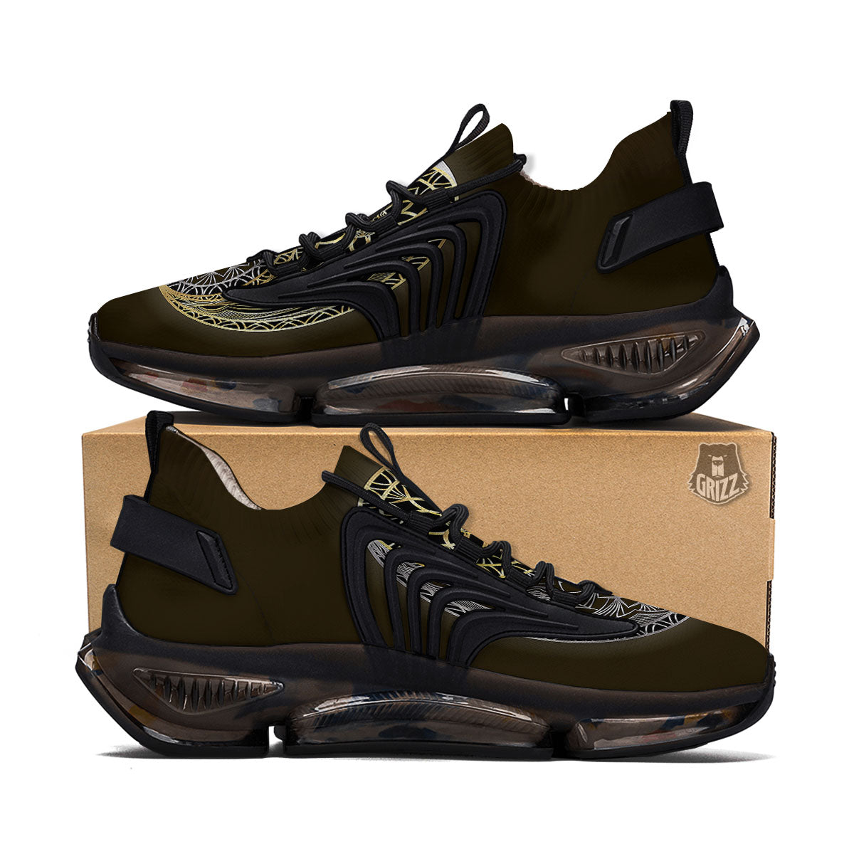 Yin Yang Flower Grey And Gold Print Black Gym Shoes-grizzshop