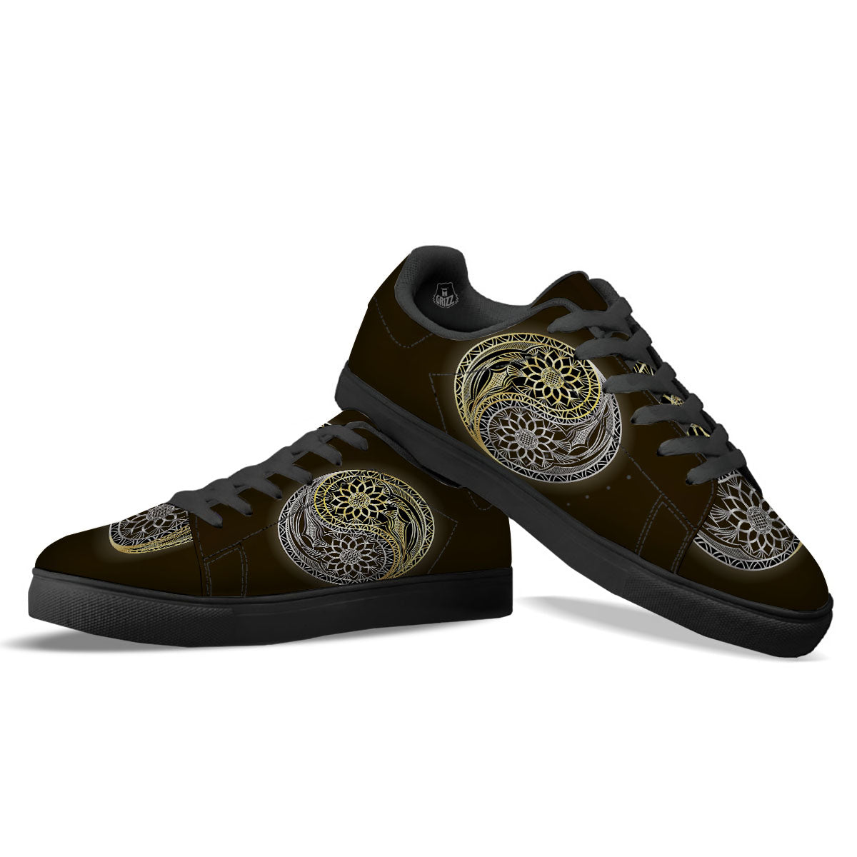 Yin Yang Flower Grey And Gold Print Black Low Top Sneakers-grizzshop