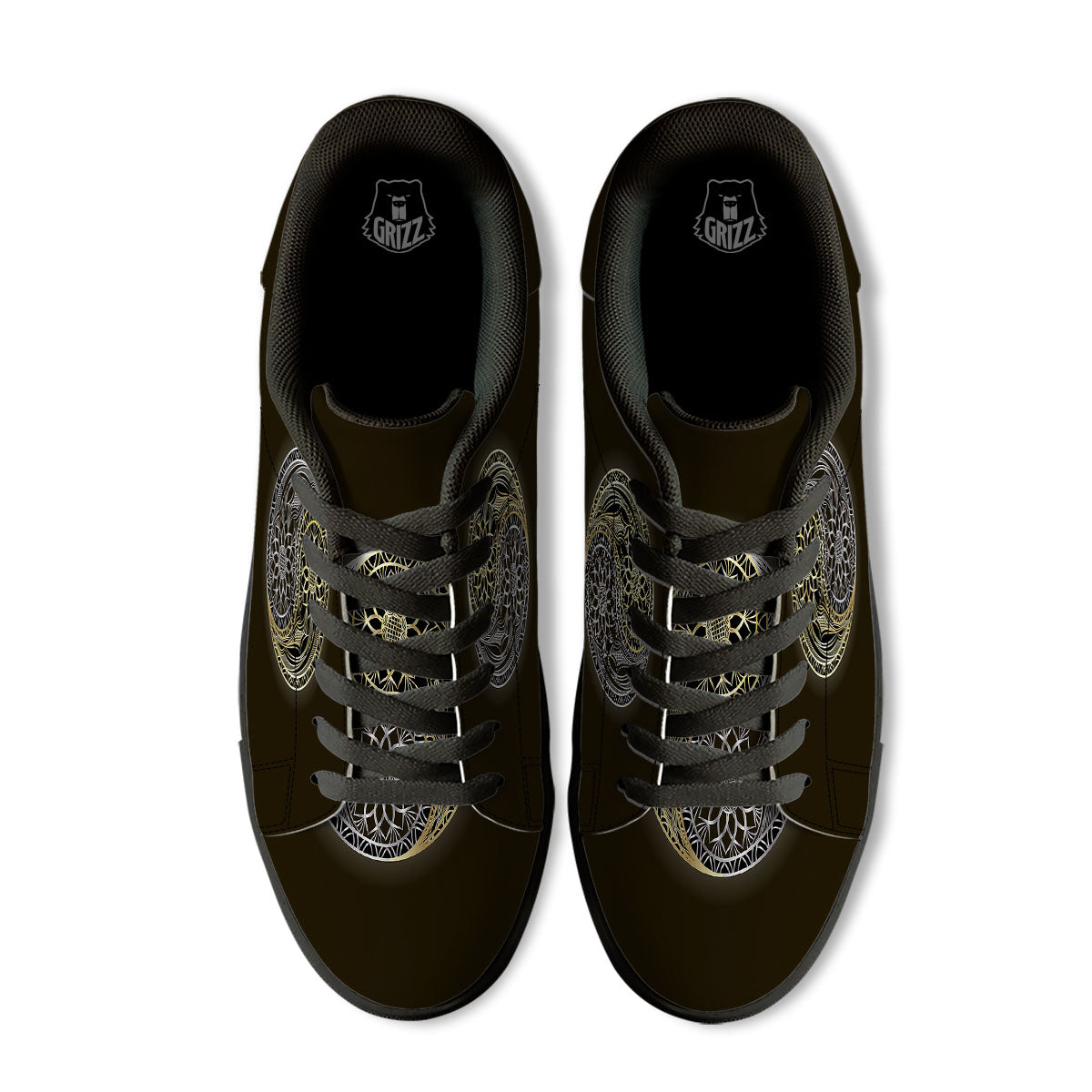 Yin Yang Flower Grey And Gold Print Black Low Top Sneakers-grizzshop