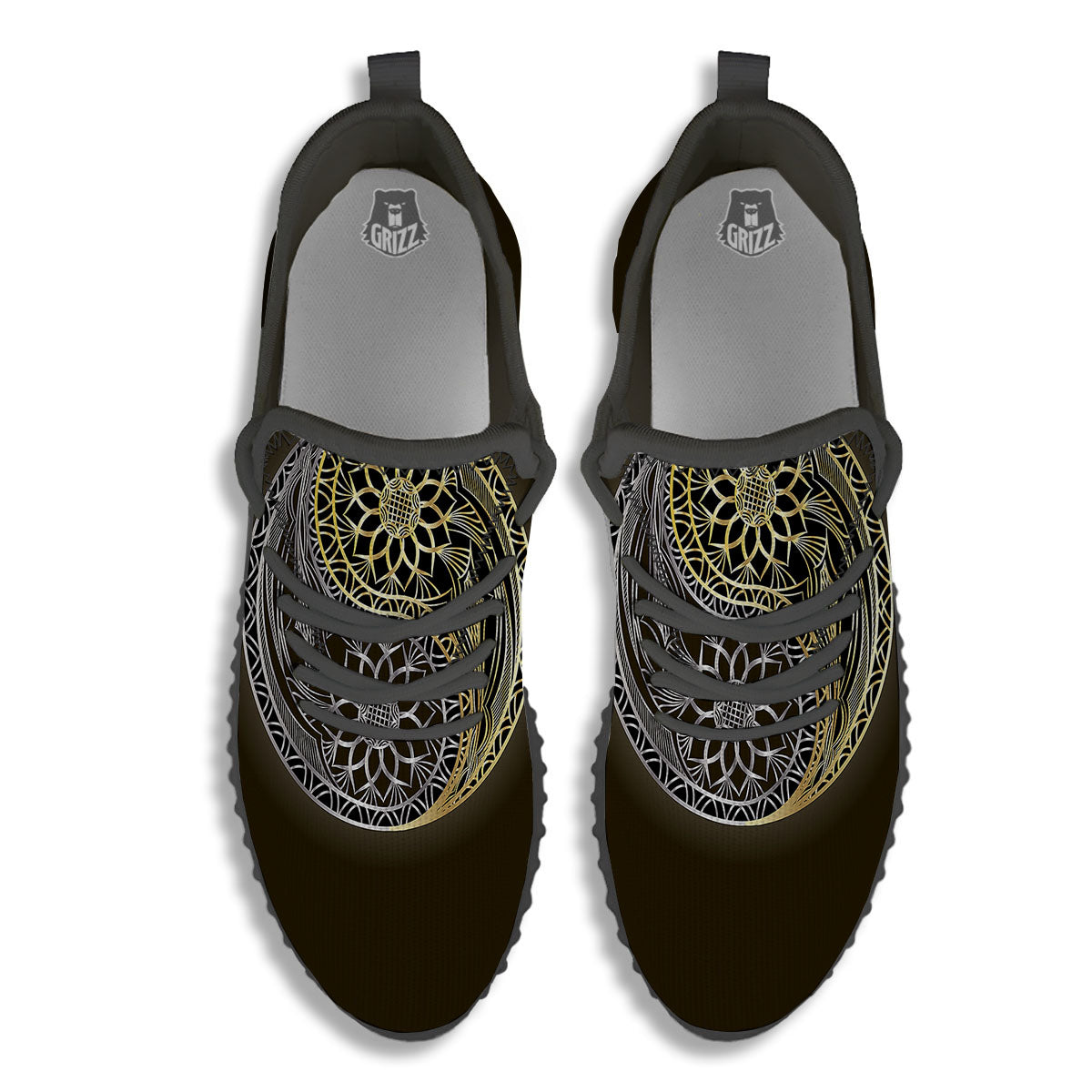 Yin Yang Flower Grey And Gold Print Black Walking Shoes-grizzshop