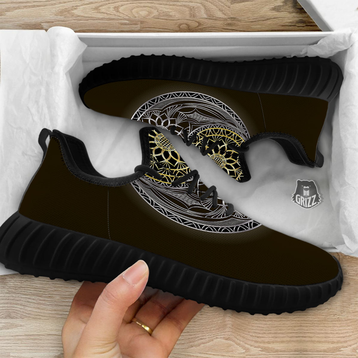 Yin Yang Flower Grey And Gold Print Black Walking Shoes-grizzshop