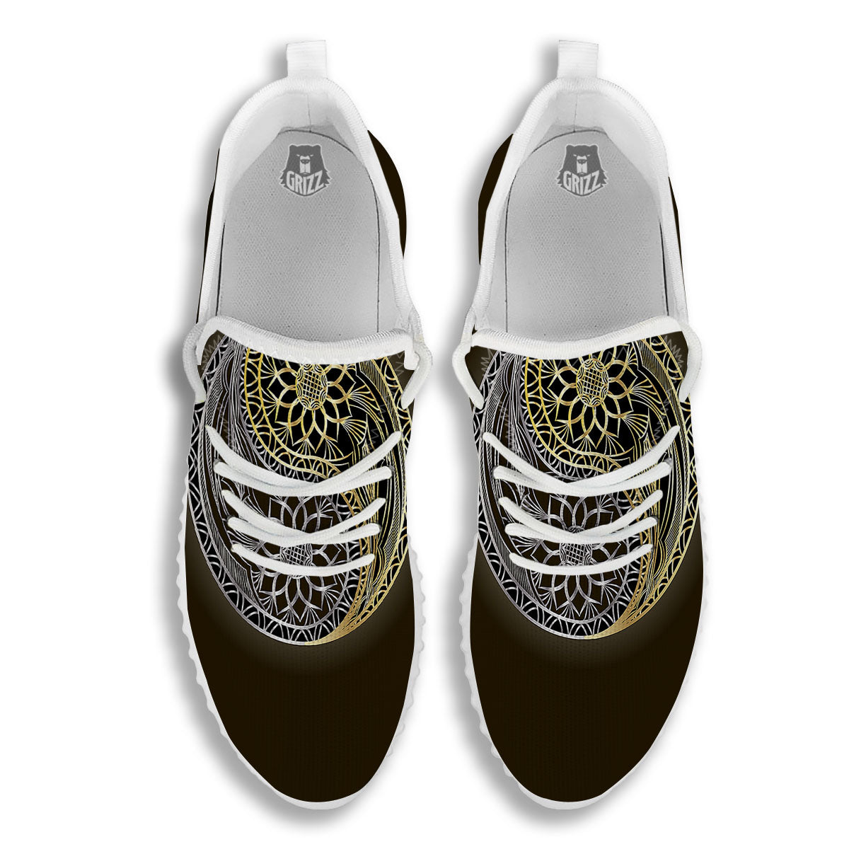 Yin Yang Flower Grey And Gold Print White Walking Shoes-grizzshop
