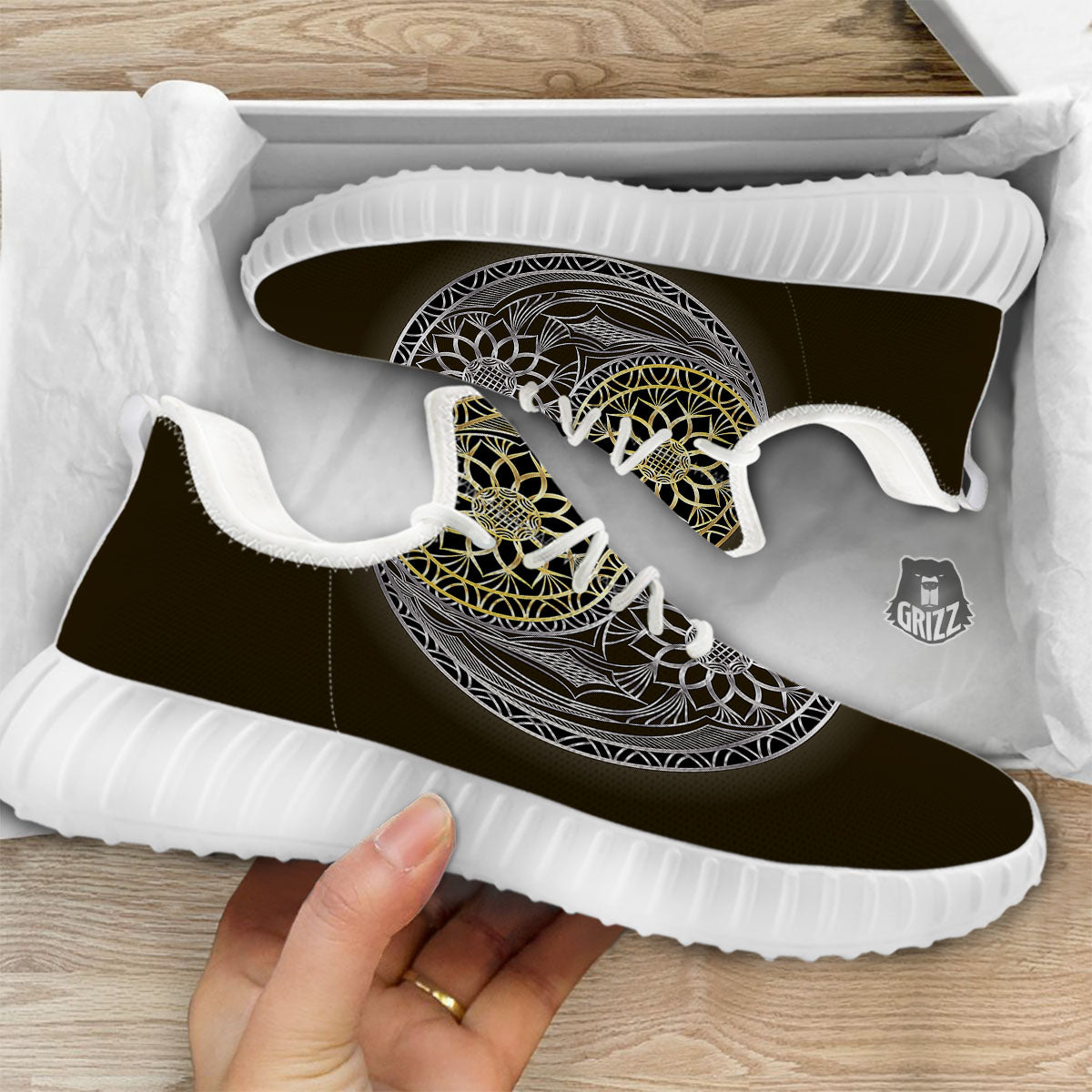 Yin Yang Flower Grey And Gold Print White Walking Shoes-grizzshop