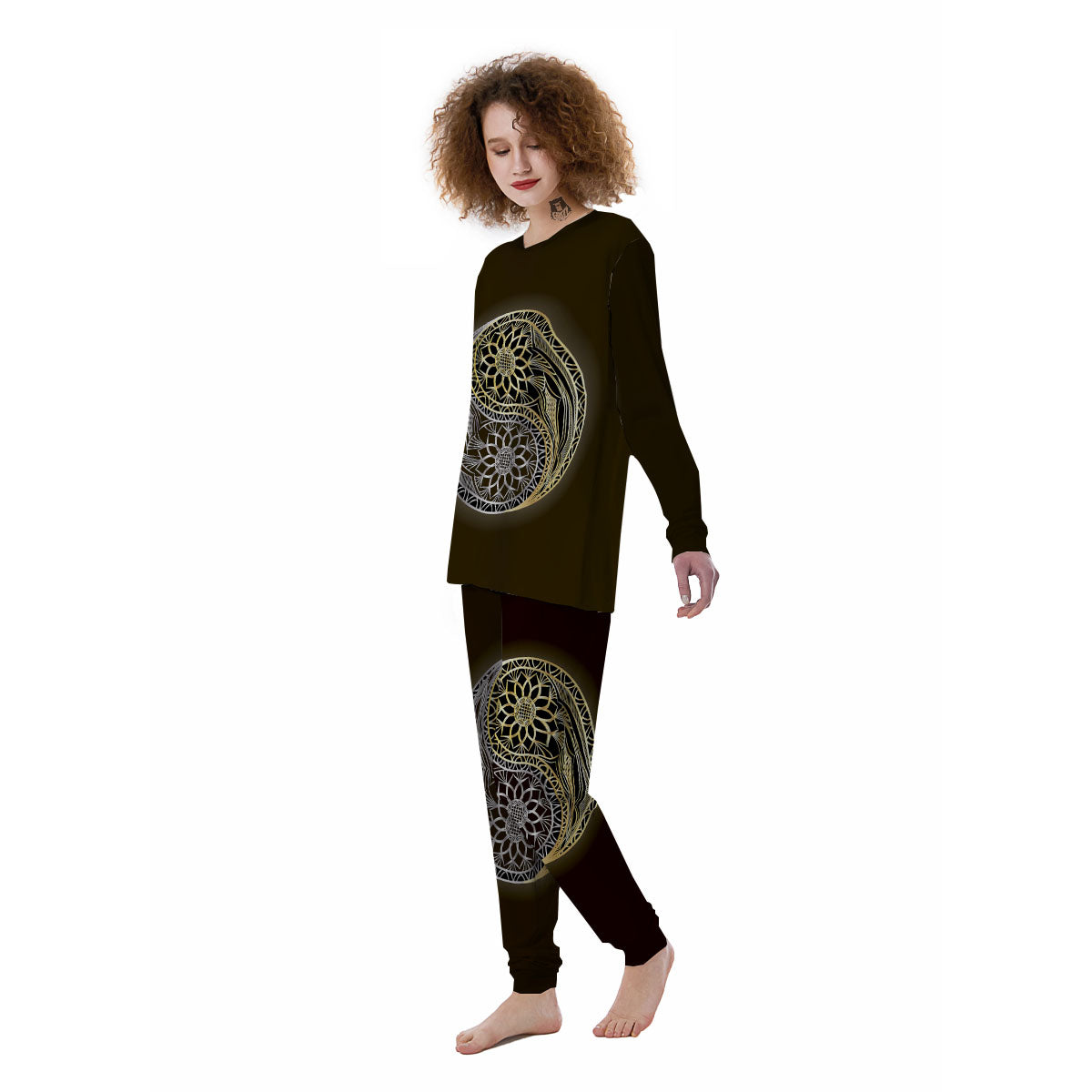 Yin Yang Flower Grey And Gold Print Women's Pajamas-grizzshop