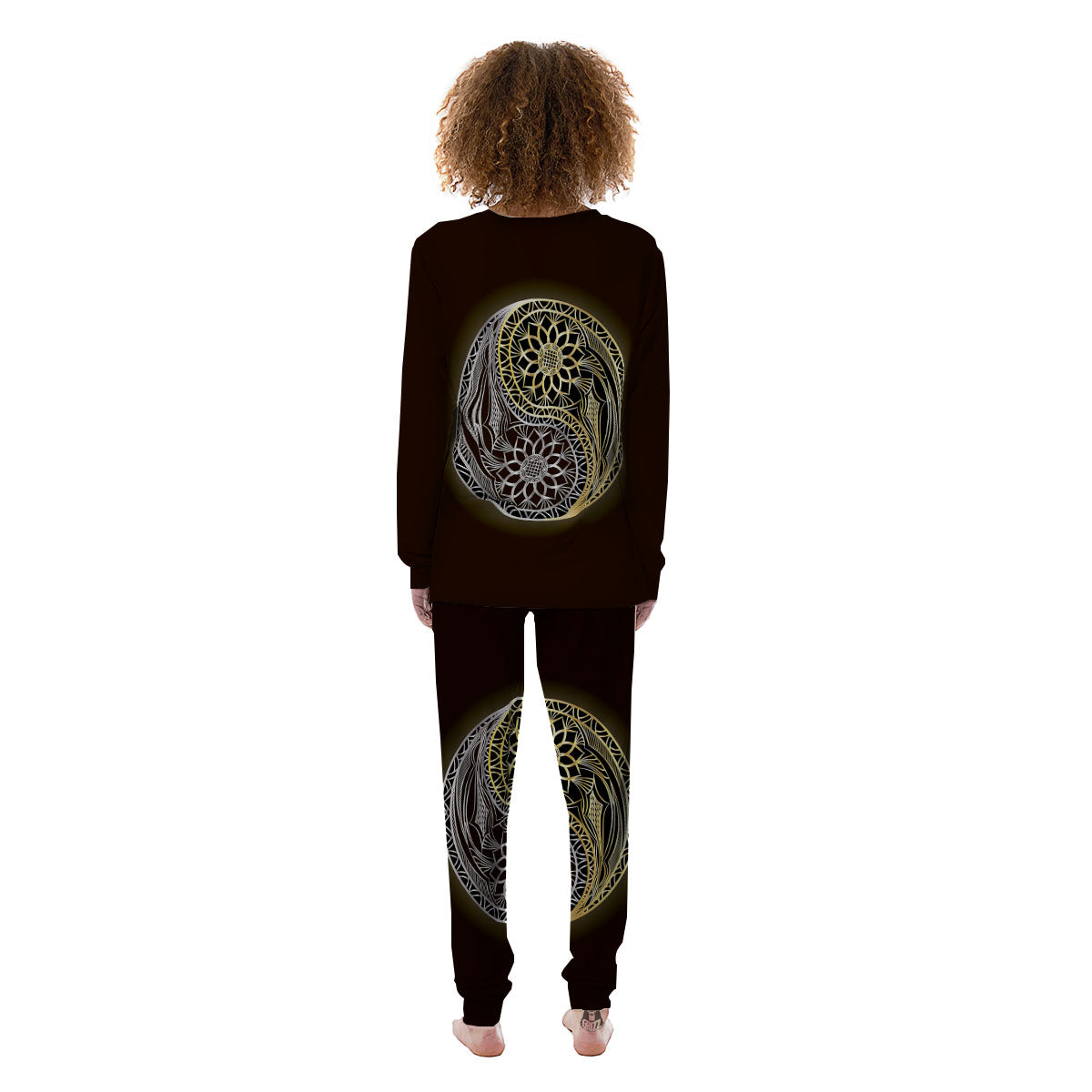 Yin Yang Flower Grey And Gold Print Women's Pajamas-grizzshop