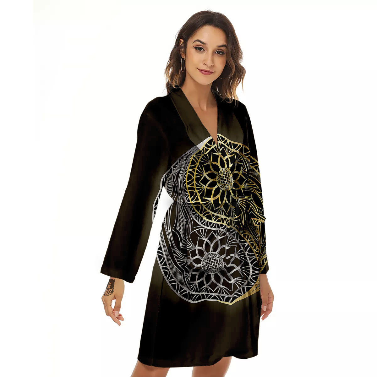 Yin Yang Flower Grey And Gold Print Women's Robe-grizzshop