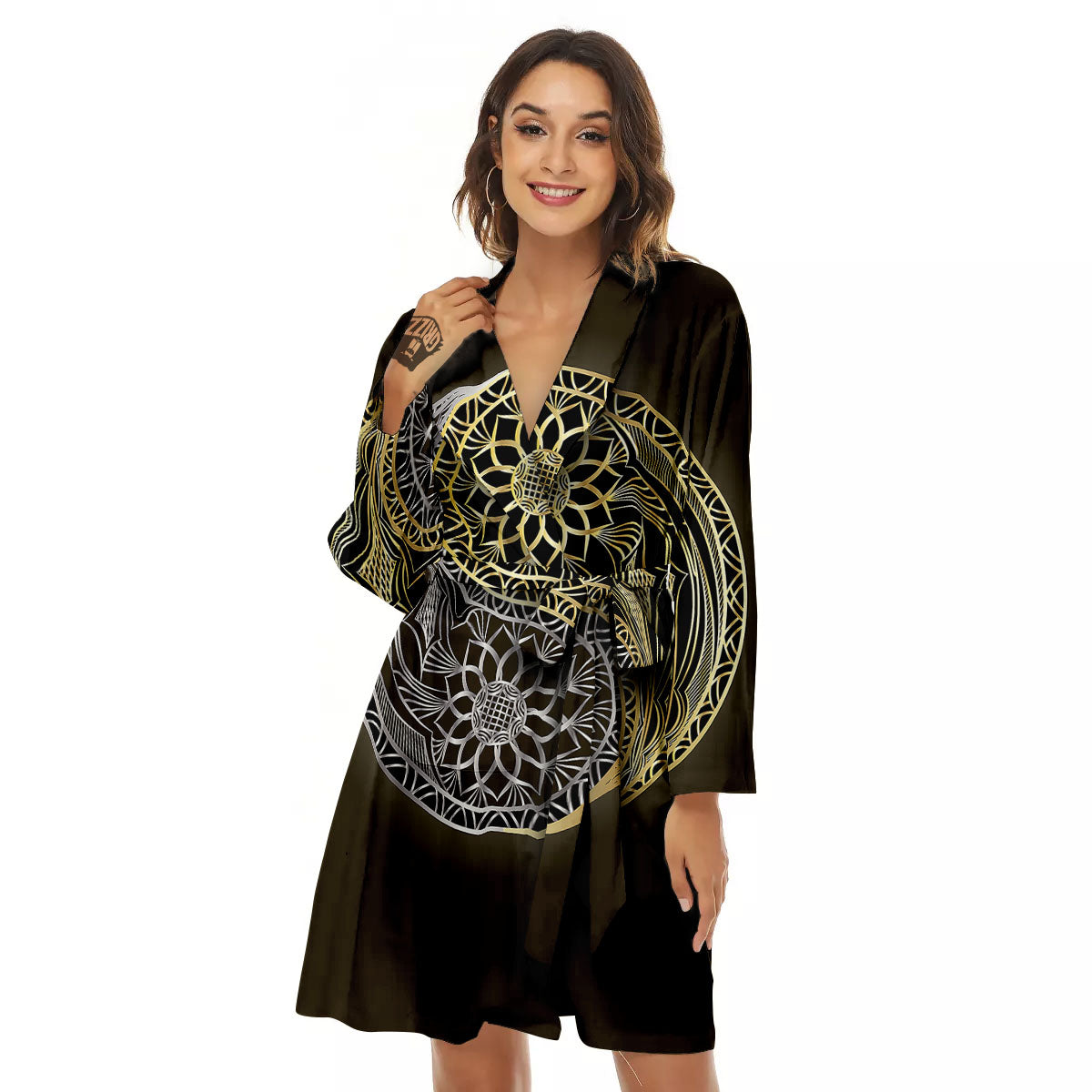 Yin Yang Flower Grey And Gold Print Women's Robe-grizzshop