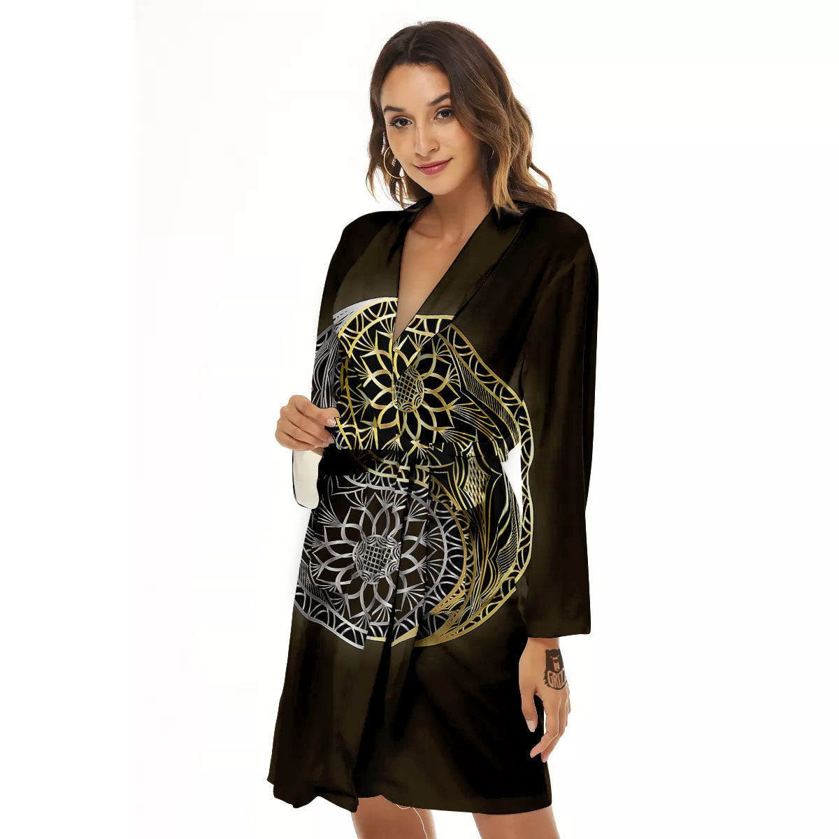 Yin Yang Flower Grey And Gold Print Women's Robe-grizzshop