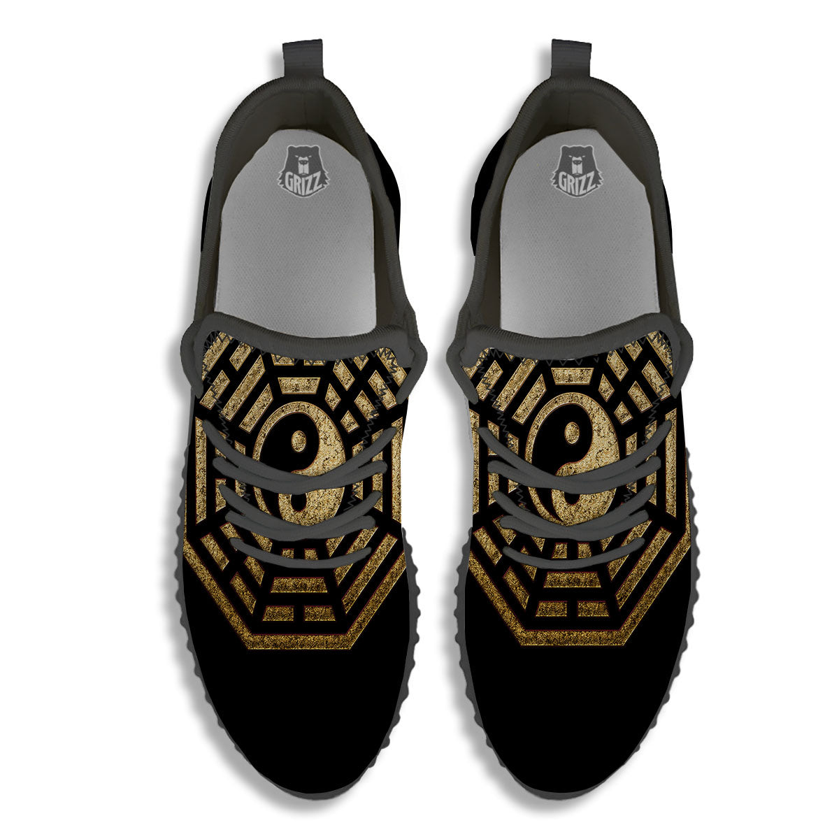 Yin Yang Gold Bagua Print Black Walking Shoes-grizzshop