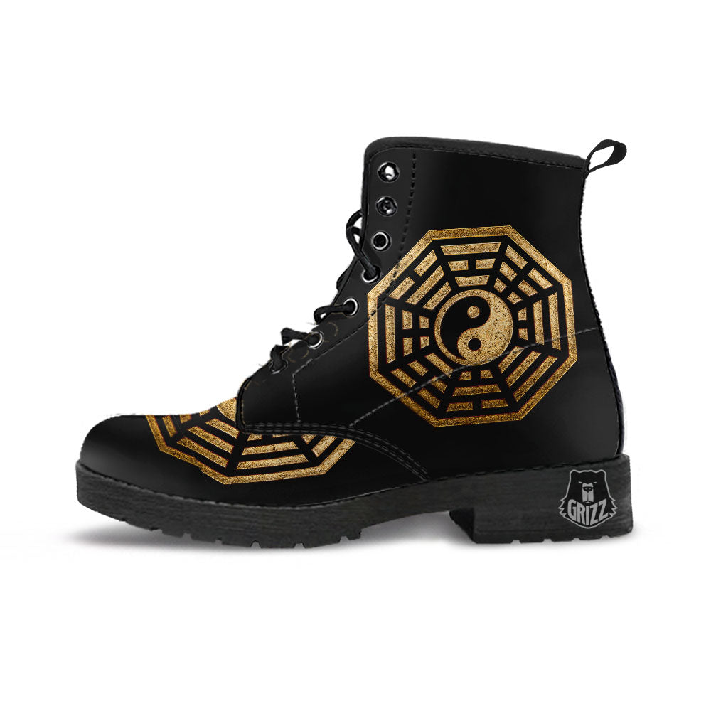 Yin Yang Gold Bagua Print Leather Boots-grizzshop