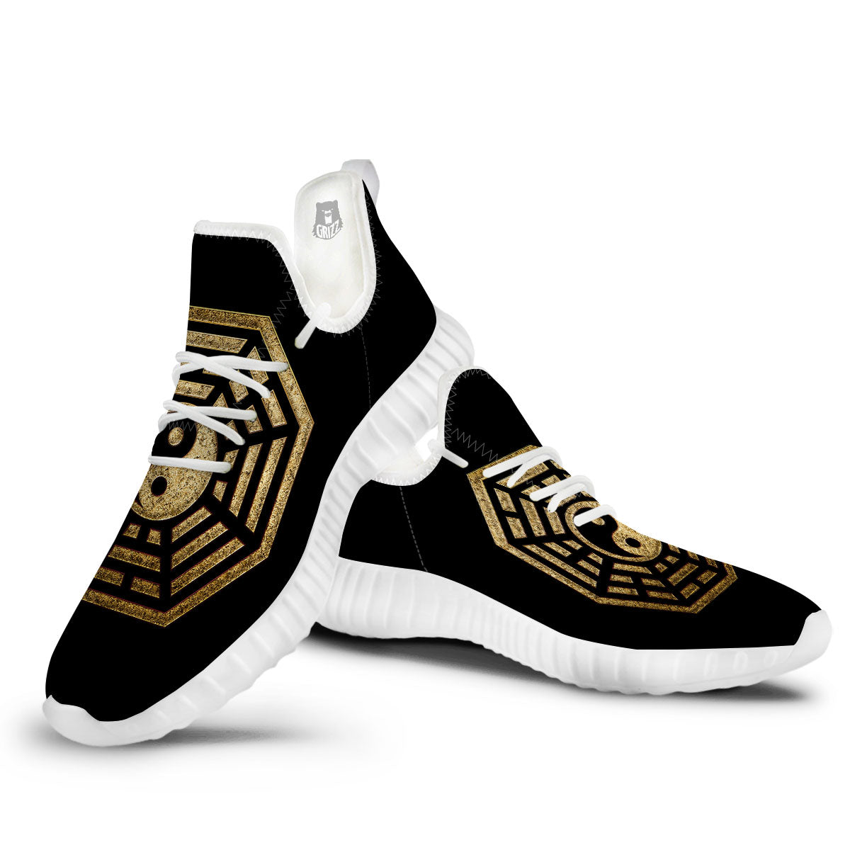Yin Yang Gold Bagua Print White Walking Shoes-grizzshop