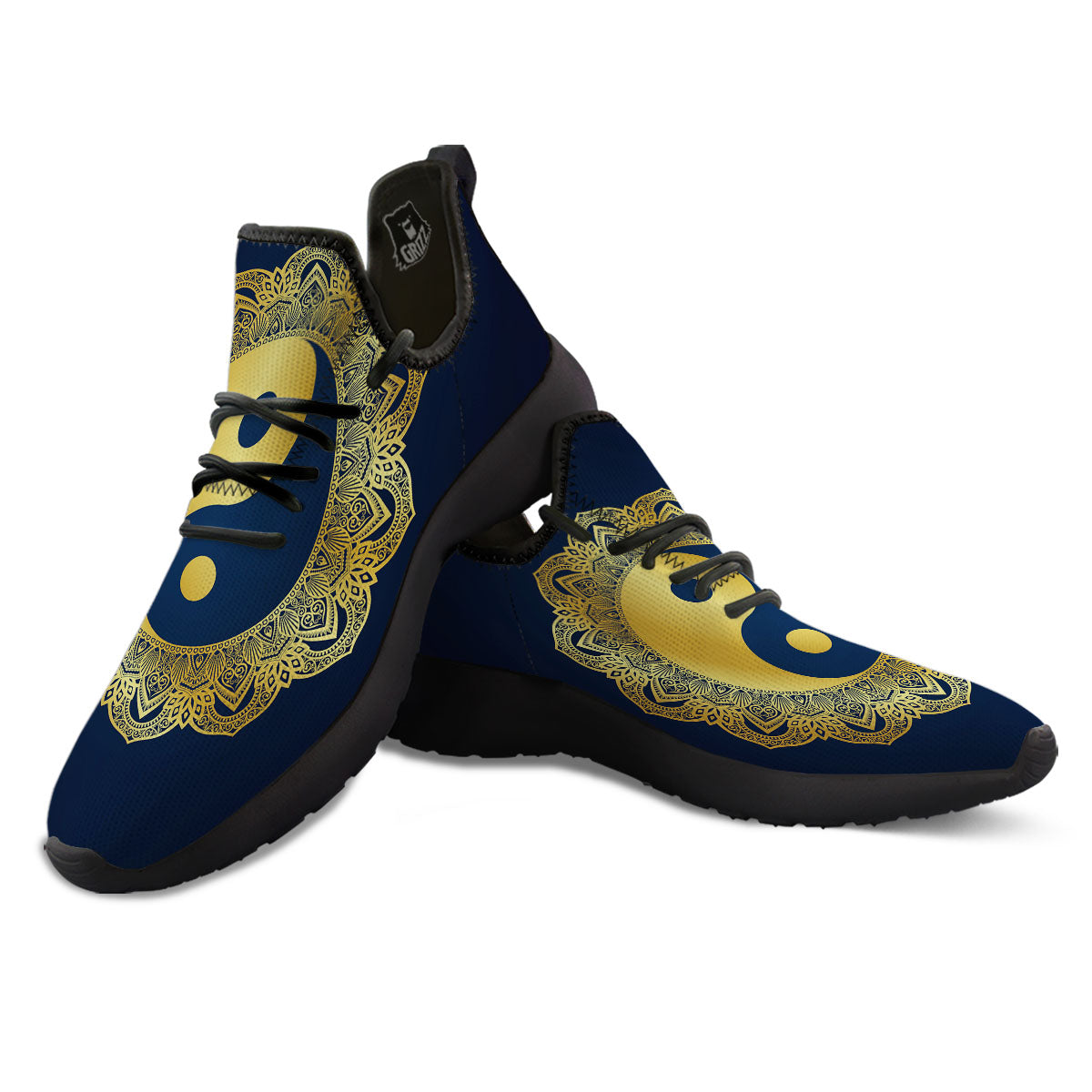 Yin Yang Gold Mandala Print Black Athletic Shoes-grizzshop