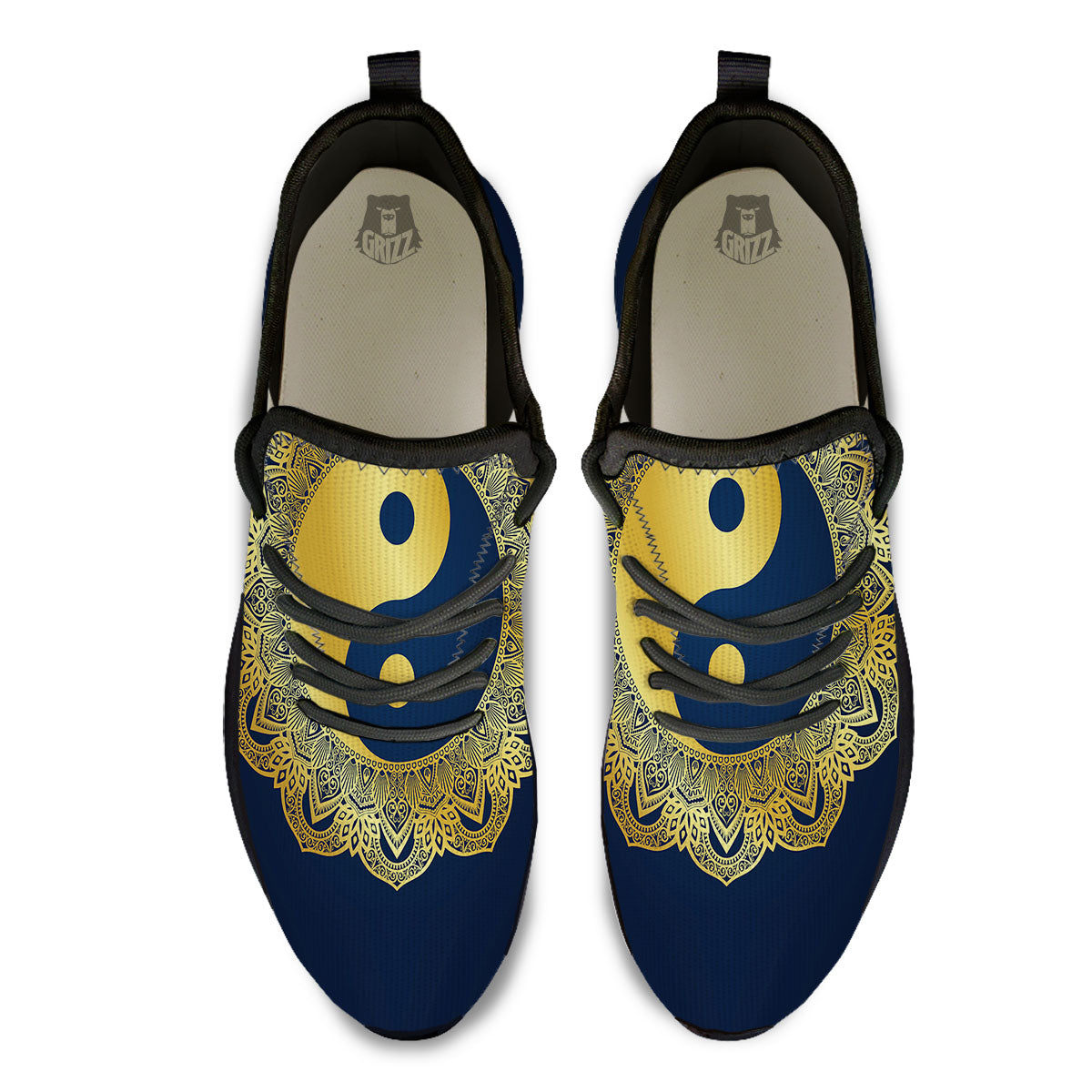 Yin Yang Gold Mandala Print Black Athletic Shoes-grizzshop