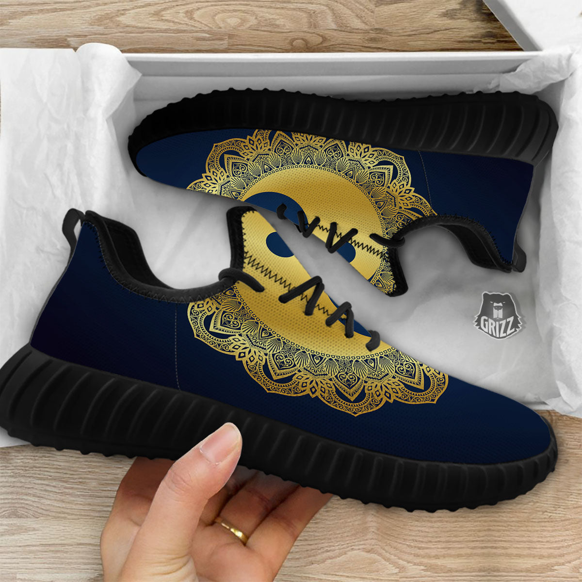 Yin Yang Gold Mandala Print Black Walking Shoes-grizzshop