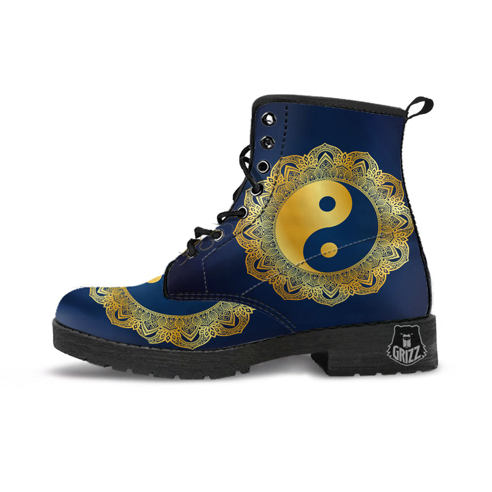 Yin Yang Gold Mandala Print Leather Boots-grizzshop